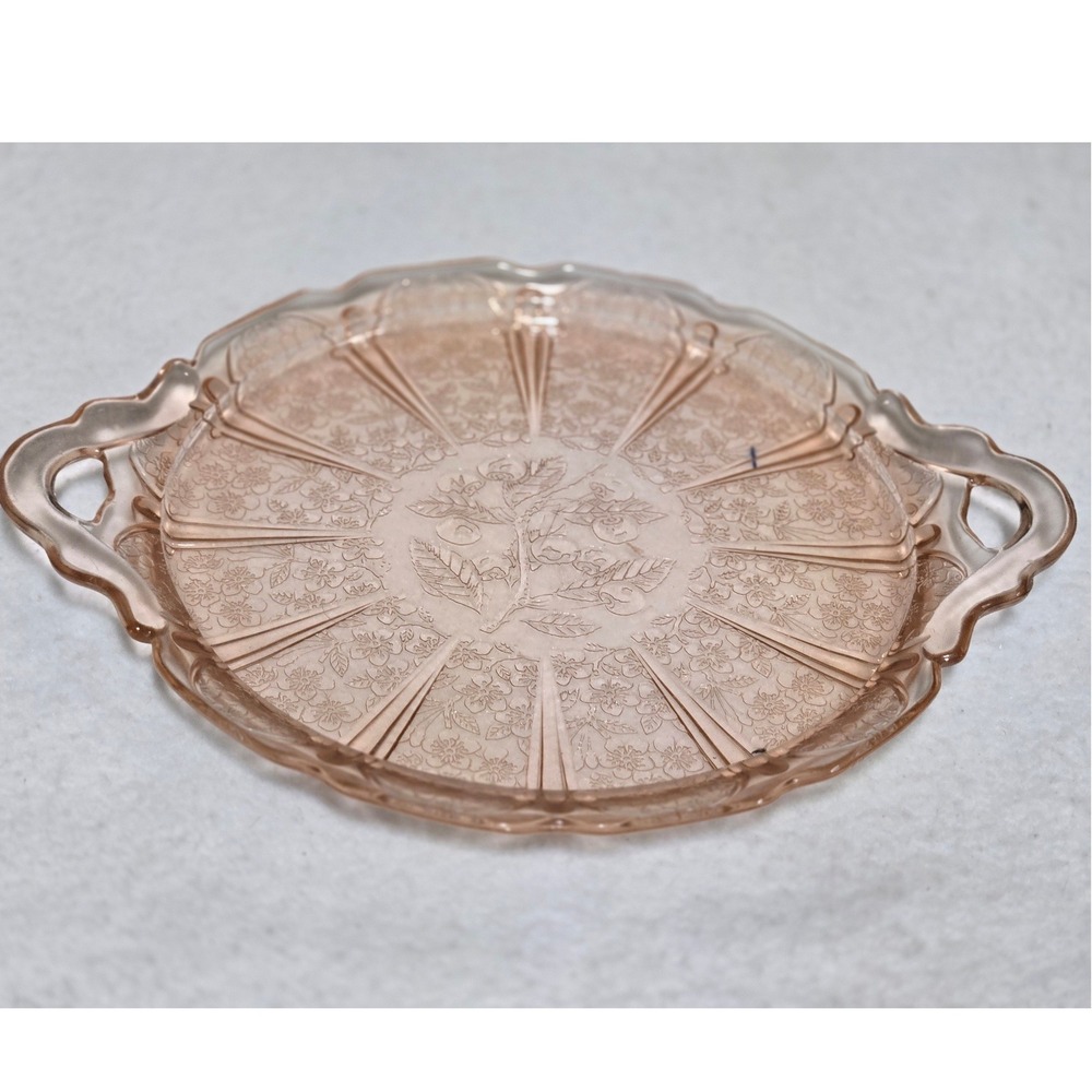 Vintage Jeannette Cherry Blossom Pink Depression Glass Handled Cake Plate 1930s